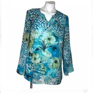 DEBBIE SHUCHAT Watercolor Filmy Blouse Beads Blue Tones Womens Size Large